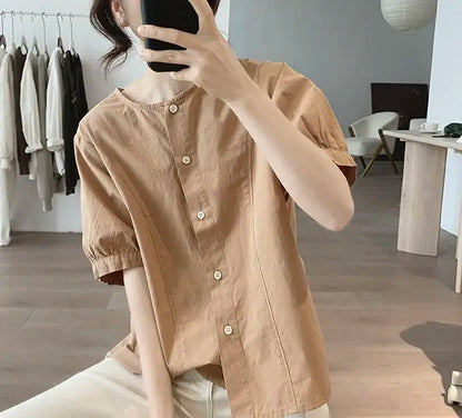 Women Round Neck Blouse Short Sleeve Button Down Loose Casual Solid Color Summer Shirt