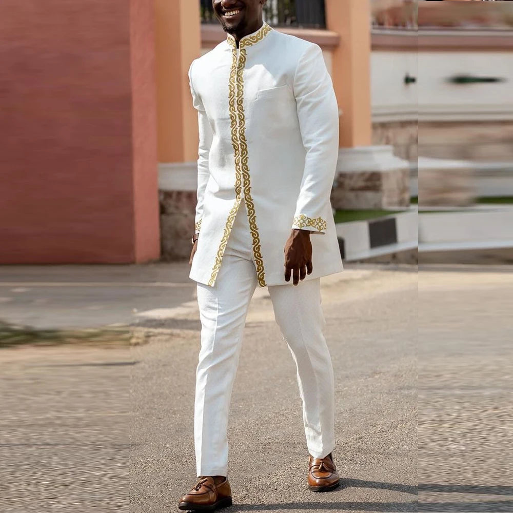 Kaftan Men Wedding Suits Groom Embroidered Pocket Top And Pants Kaunda Suit African casual Outfits Party Fashion Two-piece Set