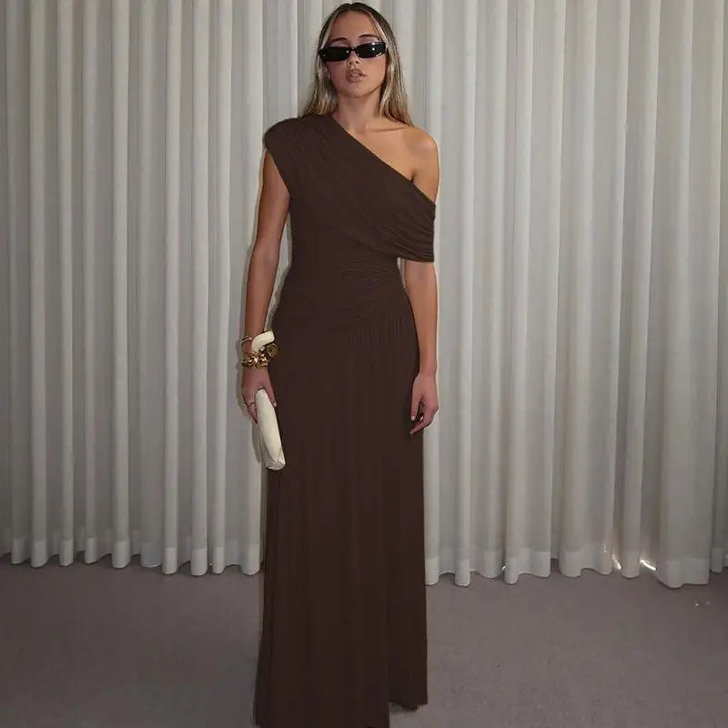 Seductive Dress Fashionable One-Shoulder Ruched Dress Minimalist Solid Asymmetrical Dress Irregular Hemline Wholesaler Gown