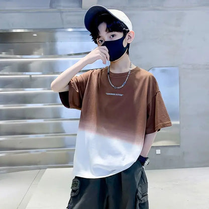 Kids Clothes T Shirt Summer Boys Girls Color Block Gradient Short Sleeve T Shirt Tops Children&