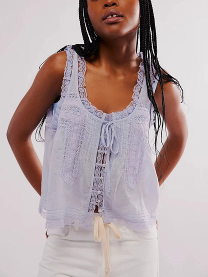 Sleeveless Tank Tops for Women Blouses Summer Boho Beach Wear 100%Cotton Splicing Lace Shirts Loose Casual Ladies Blusas Camis