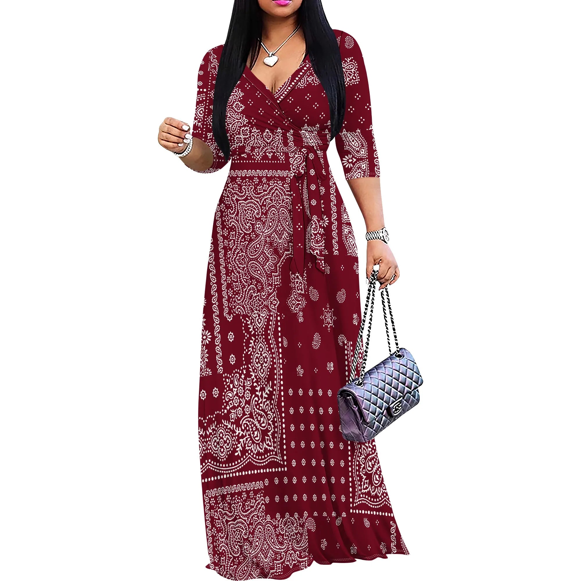 Plus Size Dresses for Women Print Maxi Dresses Flowy 3/4 Sleeve with Belt