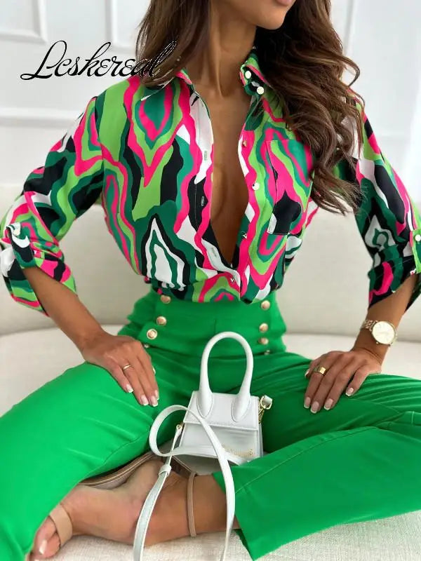 Fashion Long Sleeve Buttons Shirts &amp; Blouses For Women 2023 Spring Casual Print Womens Tops And Blouse Office Top Femme Shirt