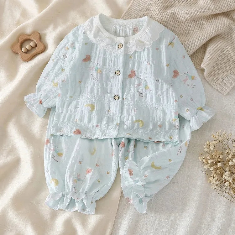 Summer Child Clothing Sets in Air-conditioned Room Girls Breathable Comfortable Long Sleeve Lace Home Clothes Sets Kids Pajamas
