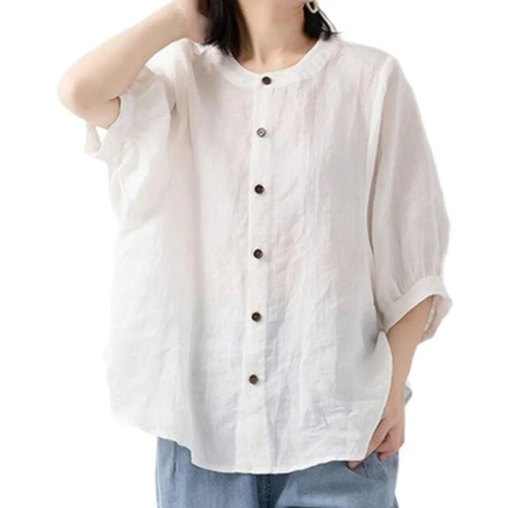 Casual Long Sleeve Cotton Linen Blouses Female Loose Fit Vintage Style Shirts Comfortable Lightweight Breathable Tops