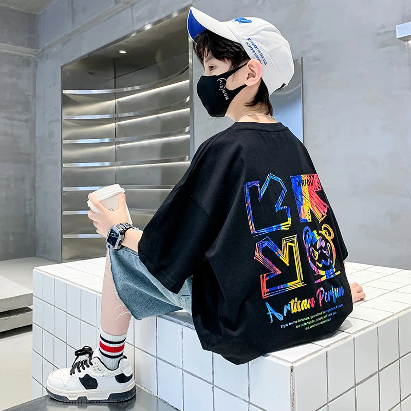 Kids Summer Clothes T-shirt for Boy Short Sleeve Cotton Tshirt Outfits Teenage Children Cartoon Print Clothing Age 5 To 14 Years