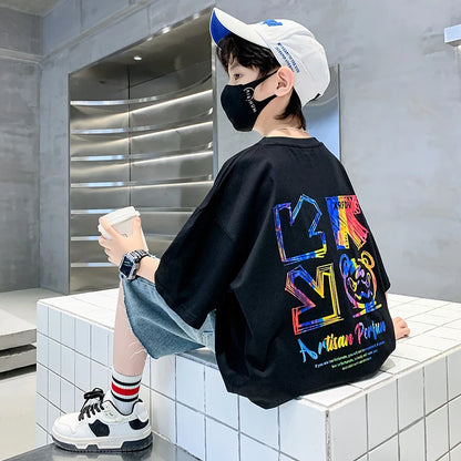 Kids Summer Clothes T-shirt for Boy Short Sleeve Cotton Tshirt Outfits Teenage Children Cartoon Print Clothing Age 5 To 14 Years