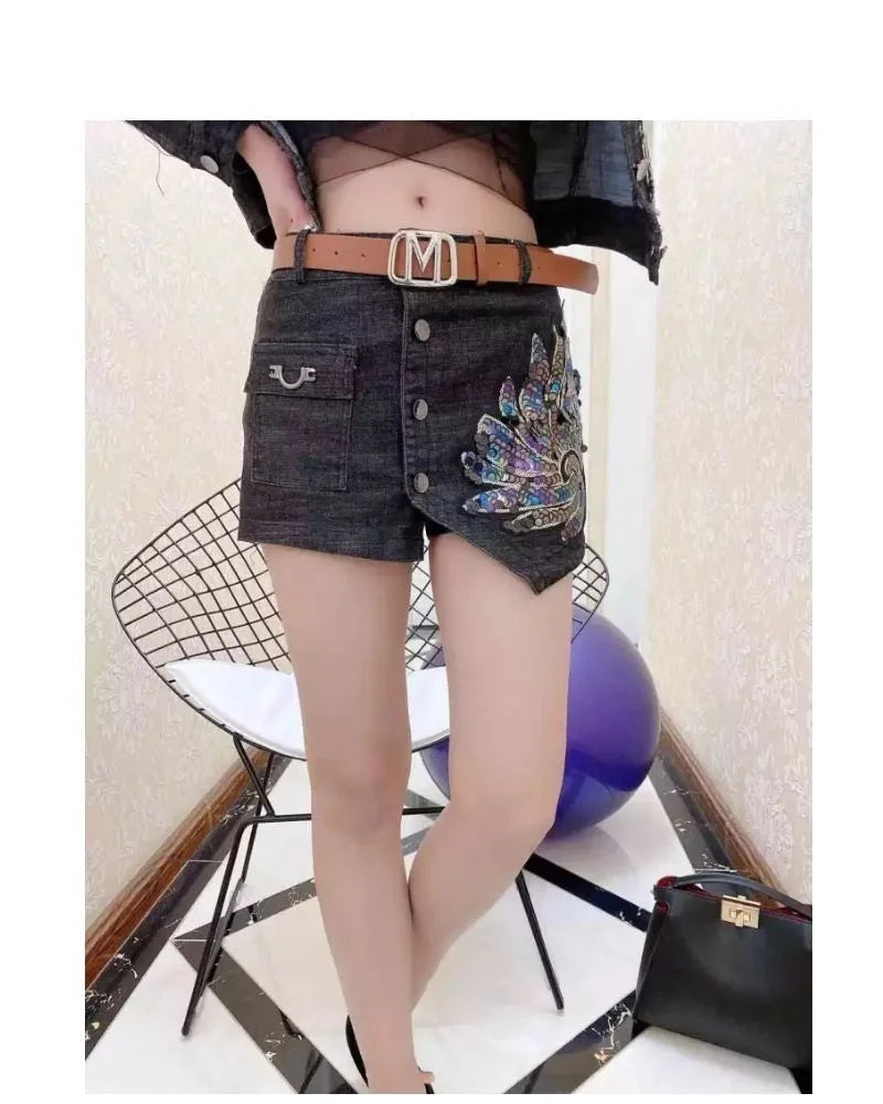 Fashion Sequin Denim Short Skirt Women Spring/Summer 2025 New Korean High Waist Slim Irregular Sexy Hot Pants White Black Casual