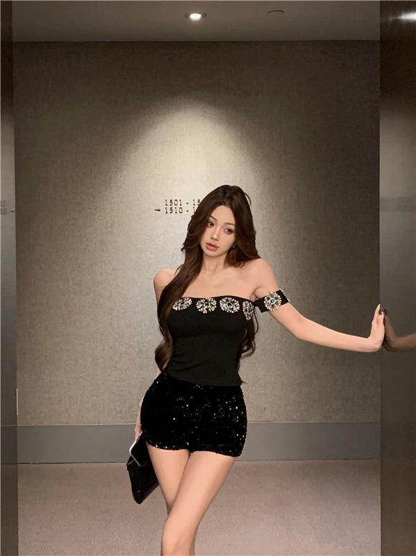 Korean Fashion Clothing Sexy Tanks Women Heavy Diamond 3D Floral Tanks Crop Tops Temperament Tunic Summer Camis 2025 Ropa Mujer