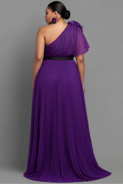 Plus Size Formal Purple One Shoulder Short Sleeve 3D Elegant Split Chiffon Maxi Dresses