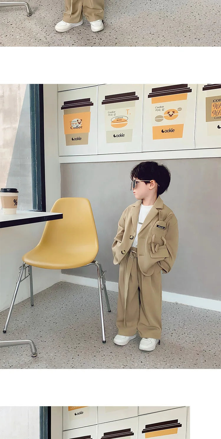 Kids Suits Fashion Casual Blazers Wide-legged Trousers 2 Piece Girls Clothes Set Khaki Loose Children Wedding Birthday Costumes
