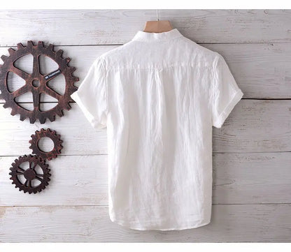 Linen Short Sleeved Shirt for Men, Trendy Japanese Retro Solid Color Summer Thin Casual Loose Cool Shirt Top