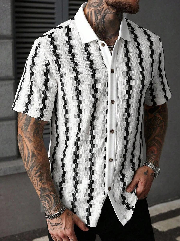 Classic Plaid Striped Knitting Shirt Short Sleeve Buttoned Turn-down Collar Mens Shirts Summer Vintage Slim Fit Knitted Cardigan