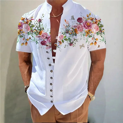 Men Shirts New Print Button Short Sleeves Shirt Fashion Stand Collar Loose Fitting Men&