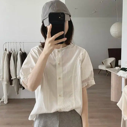 Women Round Neck Blouse Short Sleeve Button Down Loose Casual Solid Color Summer Shirt
