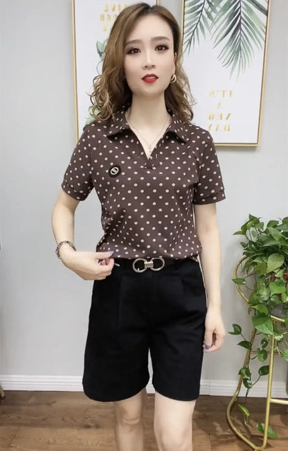 Polo Neck Shirts for Women Short Sleeve Tee T-shirt Woman Flower Clothing Aesthetic with Collar Tops Youth Luxury Sale V Cute