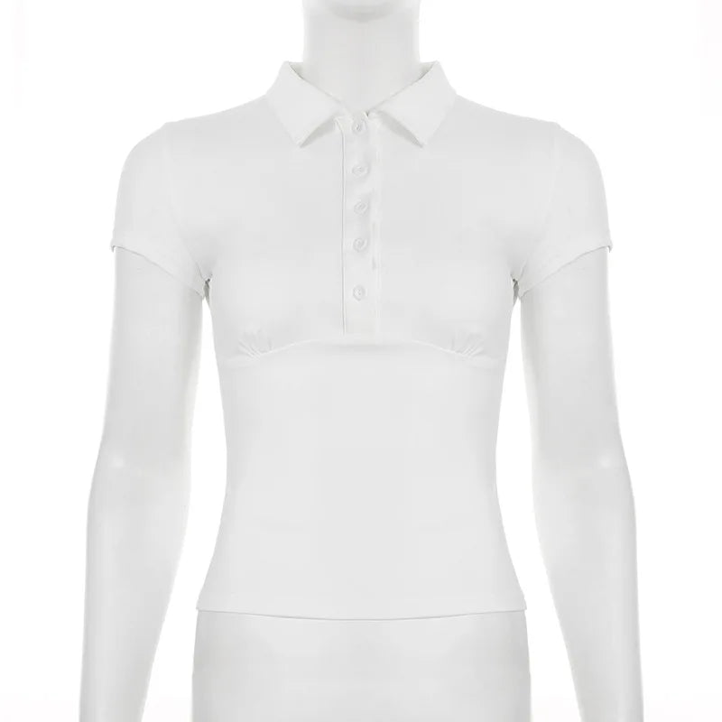 Turn-down Collar T Shirts For Women Streetwear Short Sleeve Crop Top Y2k Clothes Buttons Tshirt Solid Camisetas Slim Ropa Mujer
