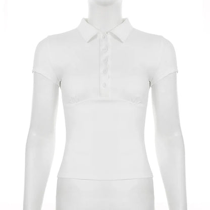 Turn-down Collar T Shirts For Women Streetwear Short Sleeve Crop Top Y2k Clothes Buttons Tshirt Solid Camisetas Slim Ropa Mujer