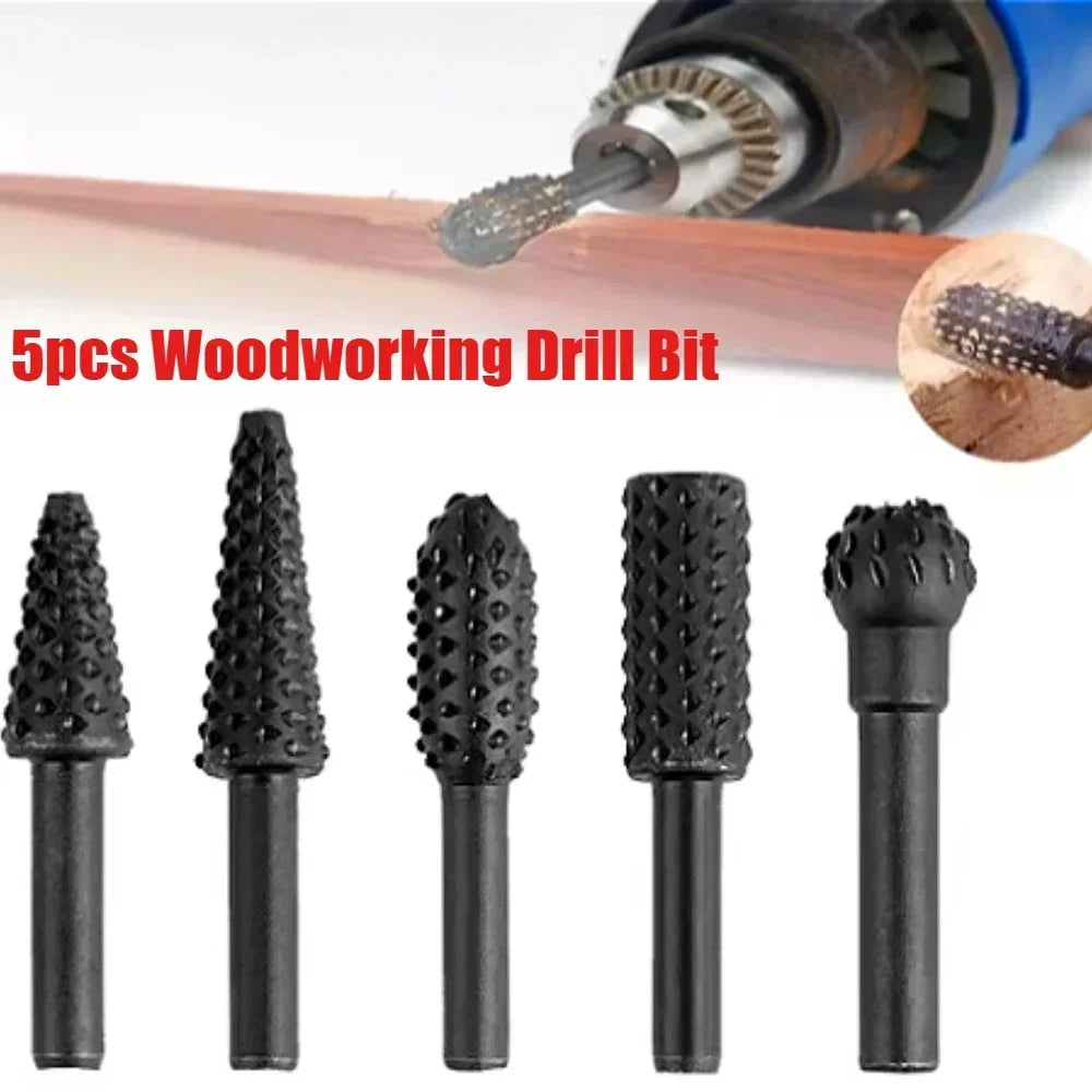 Drill Bit Set for Wood Carving, Drill Bit Grinder, Round Shank, Rotary Milling Cutter, 5Pcs, 1/4"