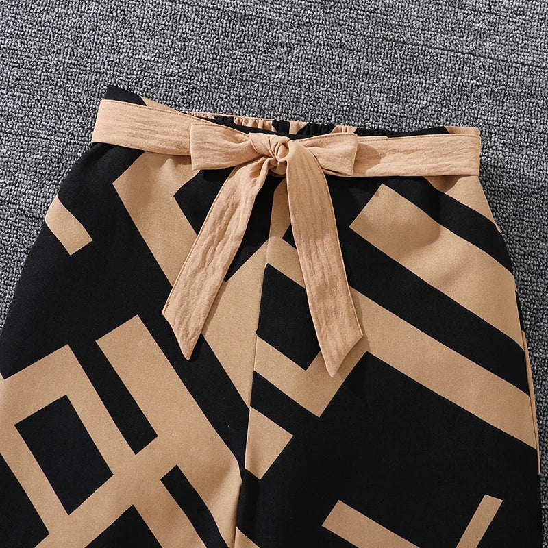 Kids Clothing Sets For Girls Khaki Off-shoulder Long sleeve Top &amp; Stripe Printing Pants Summer Resort Style Children Suits OOTD