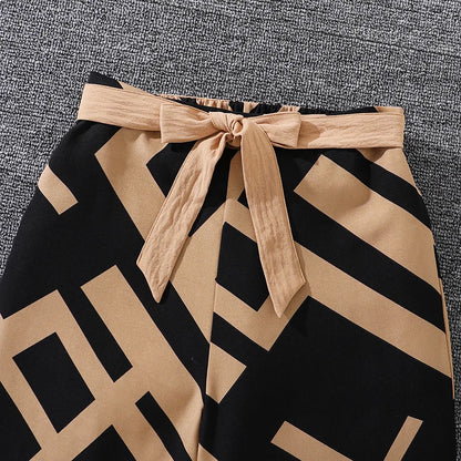 Kids Clothing Sets For Girls Khaki Off-shoulder Long sleeve Top &amp; Stripe Printing Pants Summer Resort Style Children Suits OOTD