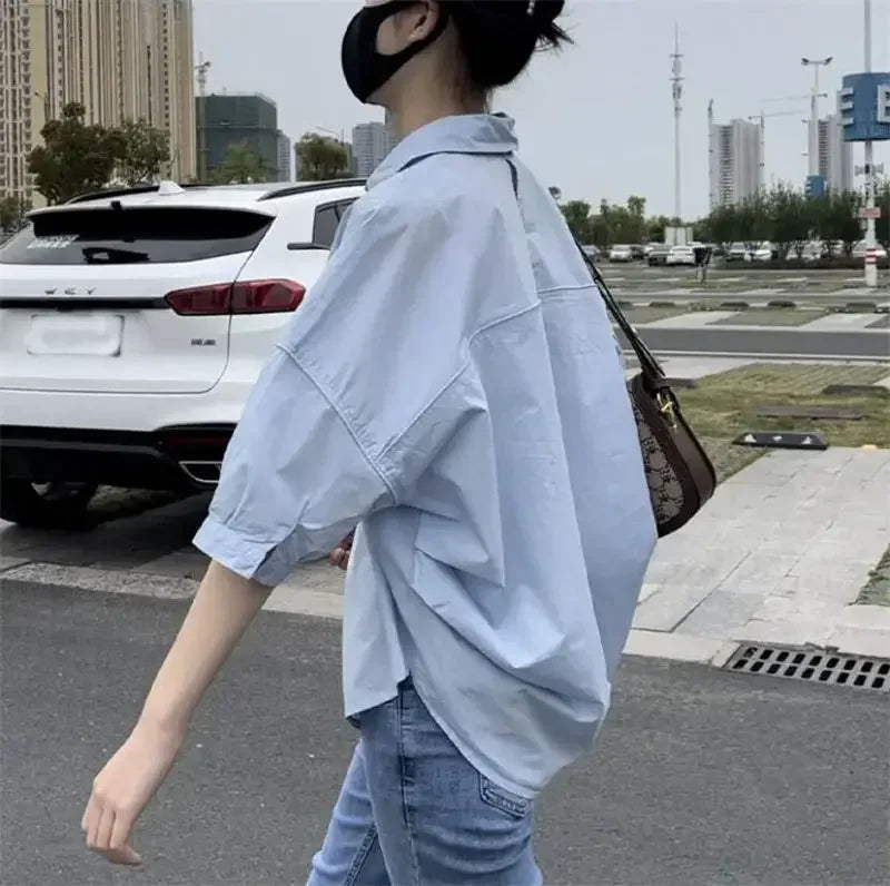Women Blouses Elegant Streetwear Office Casual Loose Button Up White Blue Long Sleeve Vintage Oversize Shirt Tops