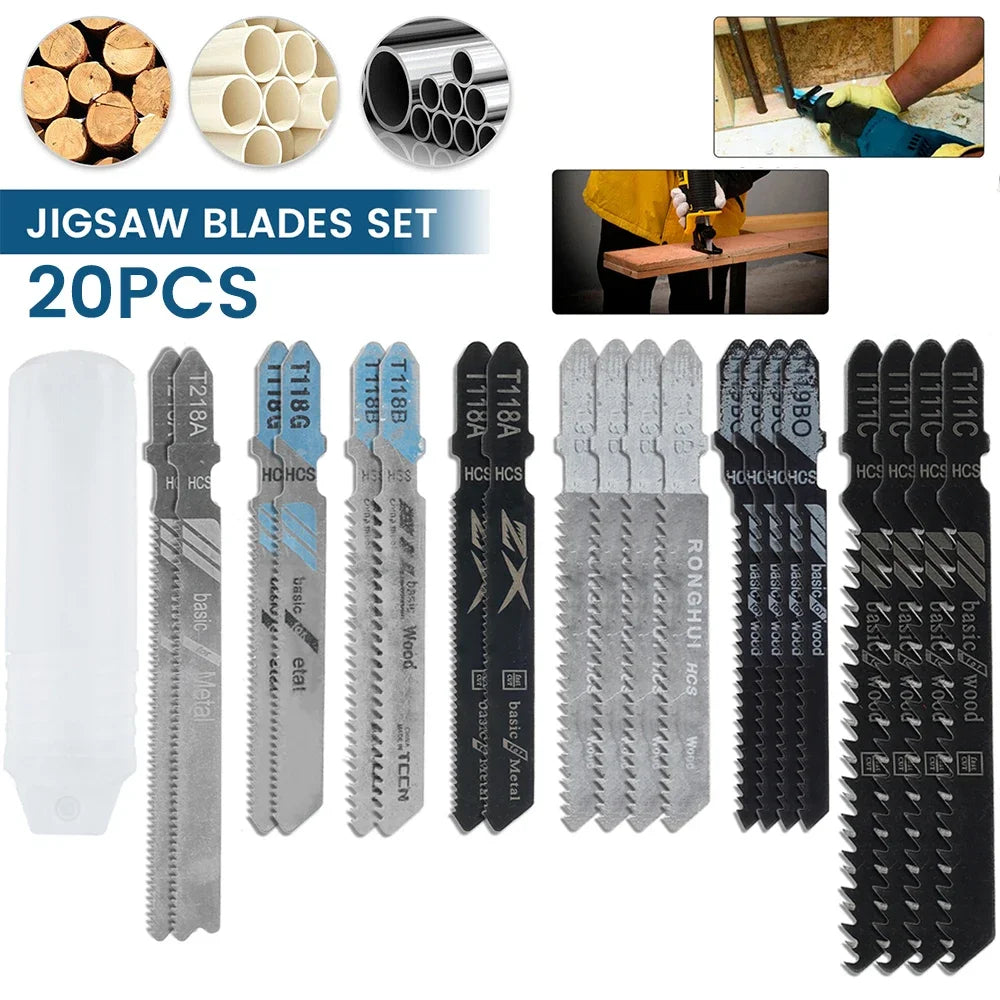 New Jig Saw Blades Set T-Shaft HCS Assorted Saw Blades Sharp Fast Cut Jigsaw Blades for Wood Plastic Metal Cutting Hand Tools