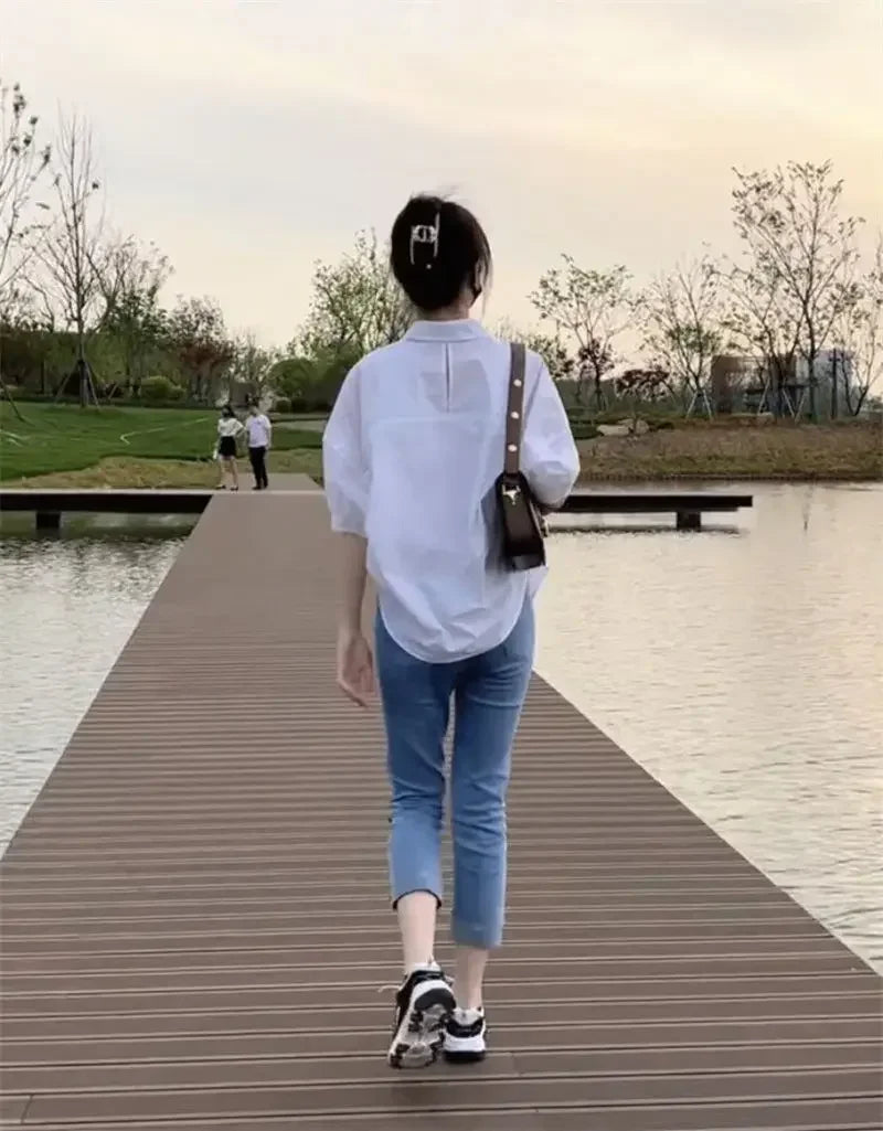 Women Blouses Elegant Streetwear Office Casual Loose Button Up White Blue Long Sleeve Vintage Oversize Shirt Tops