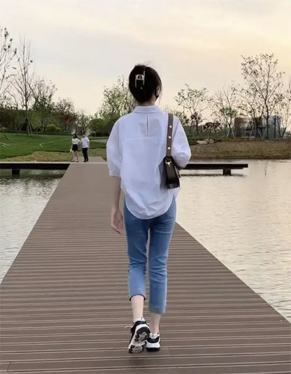 Women Blouses Elegant Streetwear Office Casual Loose Button Up White Blue Long Sleeve Vintage Oversize Shirt Tops