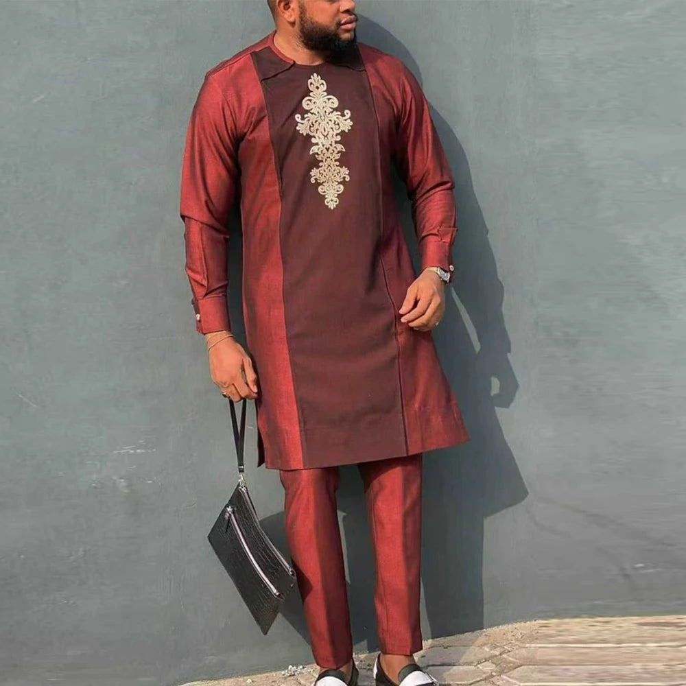 Kaftan Men Wedding Suits Groom Embroidered Pocket Top And Pants Kaunda Suit African casual Outfits Party Fashion Two-piece Set