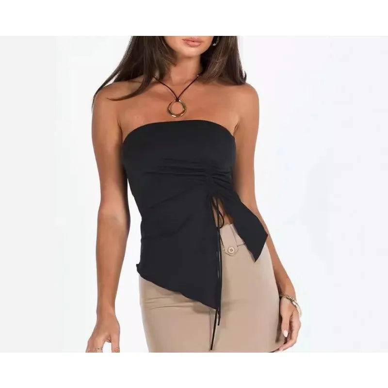 Women Tanks Solid Off Shoulder Asymmetric Drawstring Slit Casual Camis Elastic Sleeveless Female Crop Tops Summer Sexy Spicy
