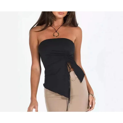 Women Tanks Solid Off Shoulder Asymmetric Drawstring Slit Casual Camis Elastic Sleeveless Female Crop Tops Summer Sexy Spicy
