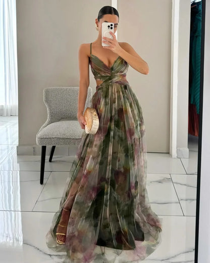 Women‘s Fashion Spring Autumn New Mesh Floral Print Beautiful Party Dress ladies Halter Dress INS Holiday Casual Long Dress