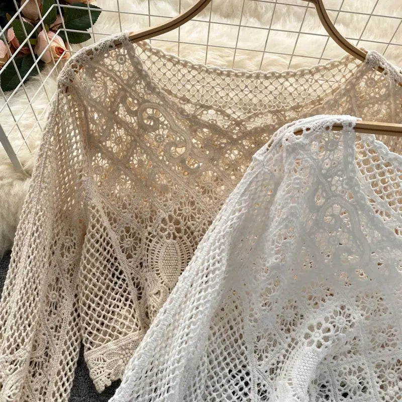 Blouses Women Retro Hollow Out All-match Sweet See-through Leisure Summer Sun-proof Korean Style Female Slim Crop Bohemian Ins