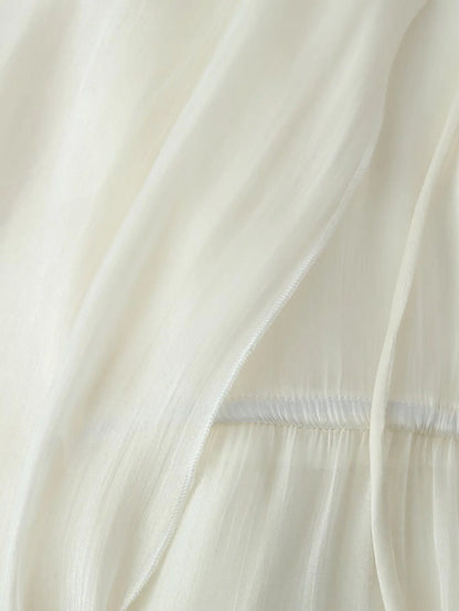 Women Elegant Ruffles Hem Beige Long Evening Dress Sleeveless Cloak Style Maxi Dresses