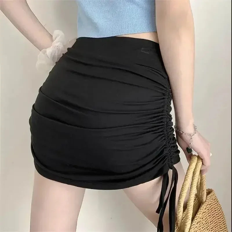 Sexy Women Summer Mini Skirts Drawstring High Waist Wrapped Hip Skirt Female Wild Solid Folds Slim Elastic Shorts Y2K Skirts