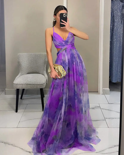 Women‘s Fashion Spring Autumn New Mesh Floral Print Beautiful Party Dress ladies Halter Dress INS Holiday Casual Long Dress