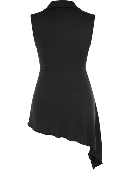 Women Summer Sleeveless asymmetrical shirt Sexy Deep V-Neck Button Casual T Shirt Black Long Tops For Women