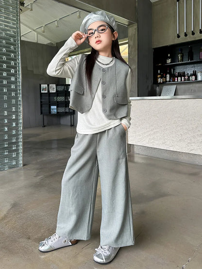 Design junior girls clothes set Round neck vest+cotton t-shirt+Wide leg pants 3pcs teenage kids clothing suit chidren outfits 14