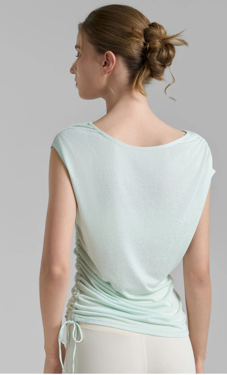 Sleeveless Pleated Cover Shirt with Drawstring, Tight Waist, High-end Feeling, Breathable and Slimming Sports T-shirt