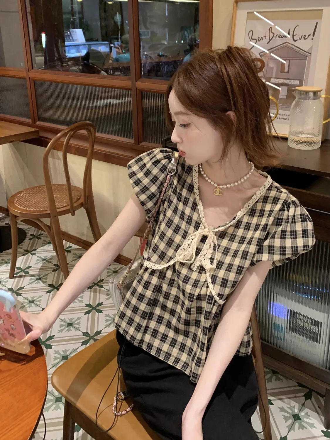 Blouses Women Plaid Vintage Literary Summer Short-sleeve Sweet Crop Tops Lace-up Aesthetic Prairie Chic Students French Style