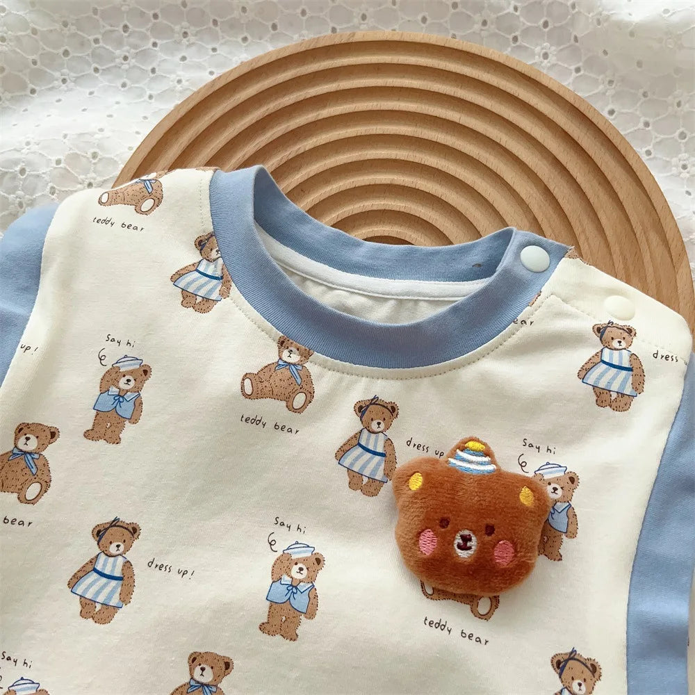 Kids Fashion: Short Sleeve Home Wear Set 2PCS , Thin Style with Cute Bear Prints, A Class Infant Clothing Set for Boys 3M-3Y