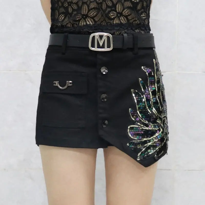 Fashion Sequin Denim Short Skirt Women Spring/Summer 2025 New Korean High Waist Slim Irregular Sexy Hot Pants White Black Casual