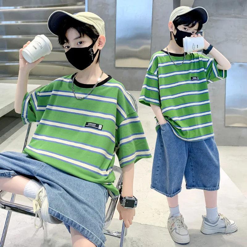 Kids Clothes T Shirt Summer Boys Girls Color Block Gradient Short Sleeve T Shirt Tops Children&