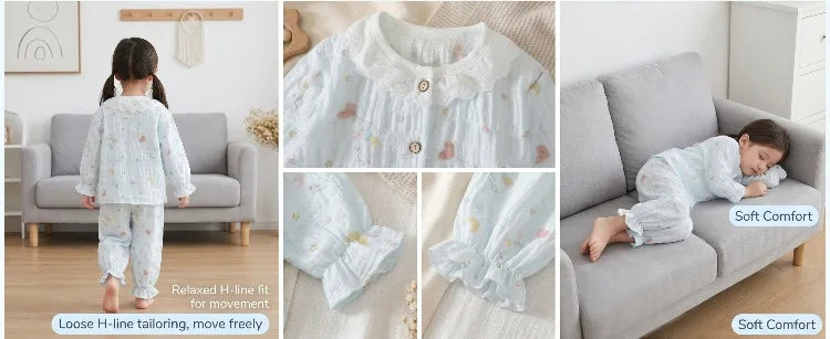 Summer Child Clothing Sets in Air-conditioned Room Girls Breathable Comfortable Long Sleeve Lace Home Clothes Sets Kids Pajamas