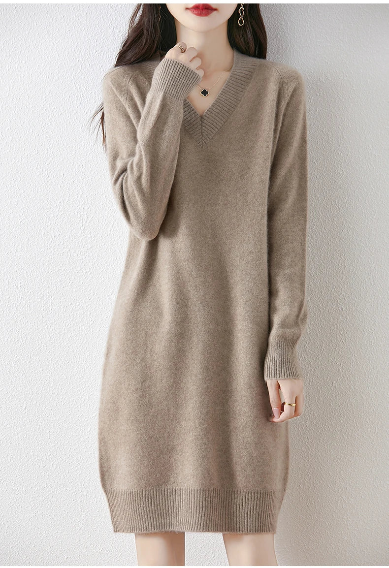 Fashion Autumn Winter Dress Women100%Merino Wool V-neck Long-sleeved Dress Women&