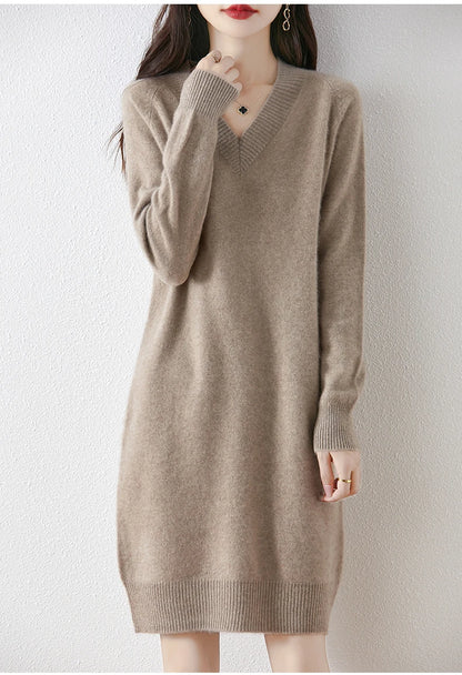Fashion Autumn Winter Dress Women100%Merino Wool V-neck Long-sleeved Dress Women&