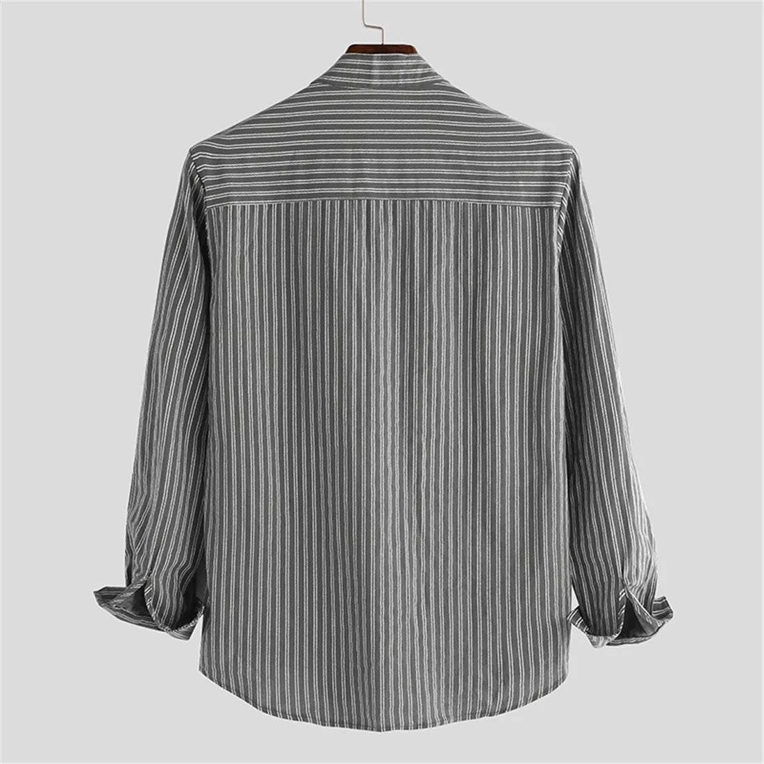 British Style Striped Cotton Linen Shirts For Men Long Sleeve Stand Collar Tops Spring Autumn Fashion Comfort Shirts Streetwear