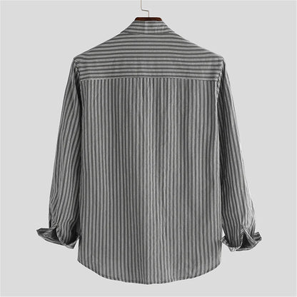 British Style Striped Cotton Linen Shirts For Men Long Sleeve Stand Collar Tops Spring Autumn Fashion Comfort Shirts Streetwear
