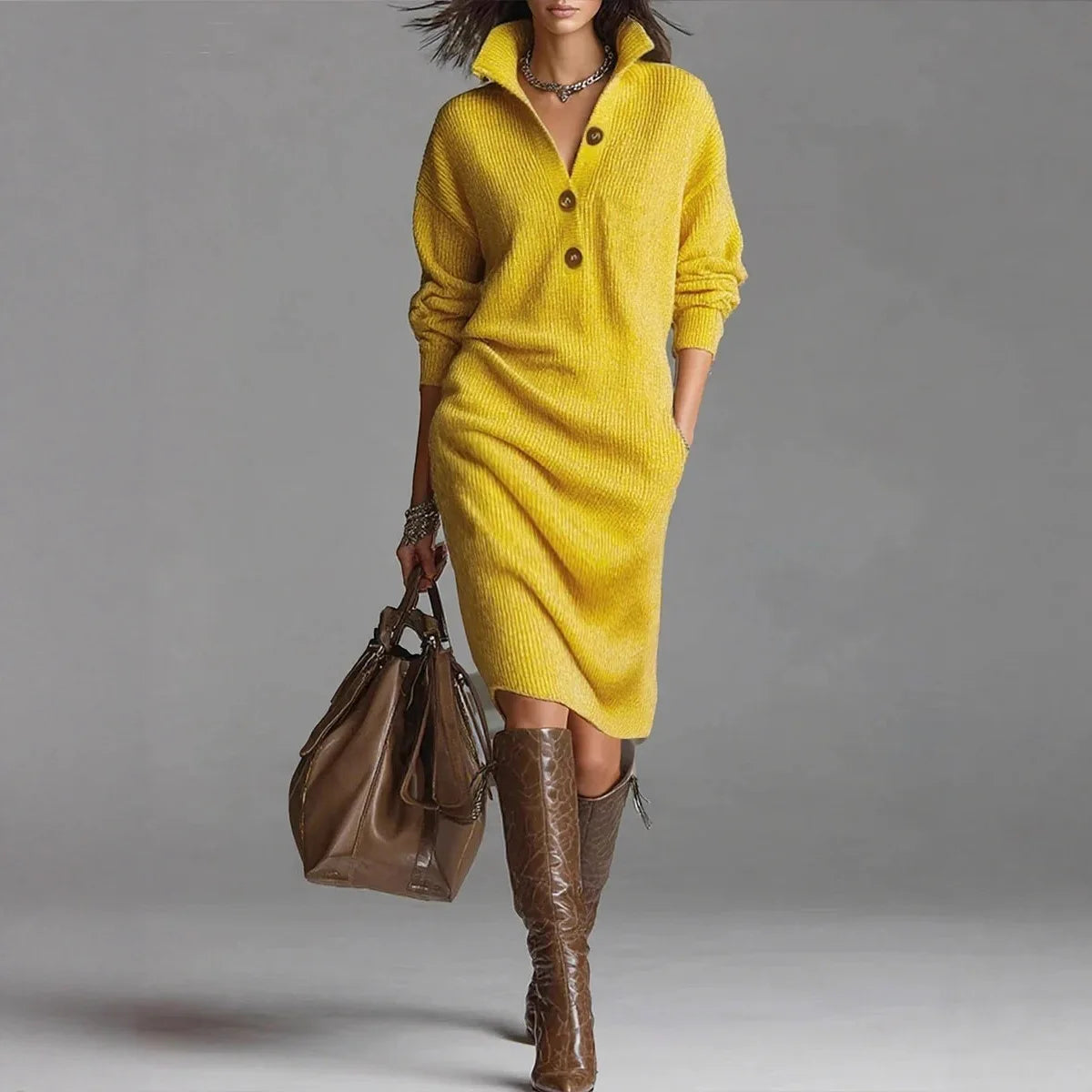Sweater Knitted Dress Fashion Autumn Winter Casual  Knitted Vestidos Single Breasted Turtleneck Robe Femme Fashion Maxi Dresses